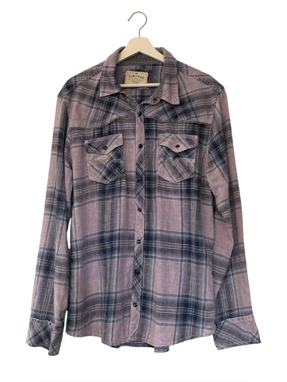 BKE Vintage Plaid Snap Button Up Shirt in Lavender/Navy Men’s Size Large Pockets